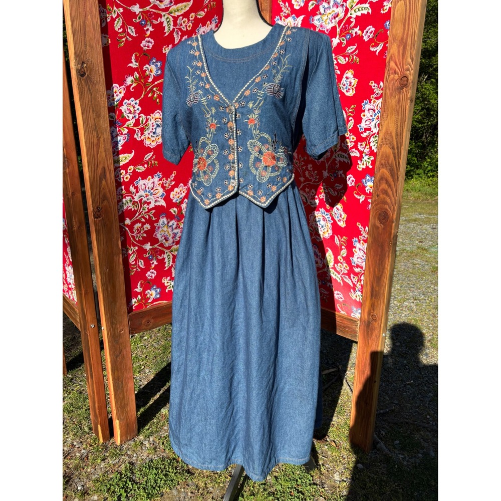 VTG 90's 100% Cotton Soft Denim Embroidered Western Prairie Maxi Dress Size L - Picture 9 of 16